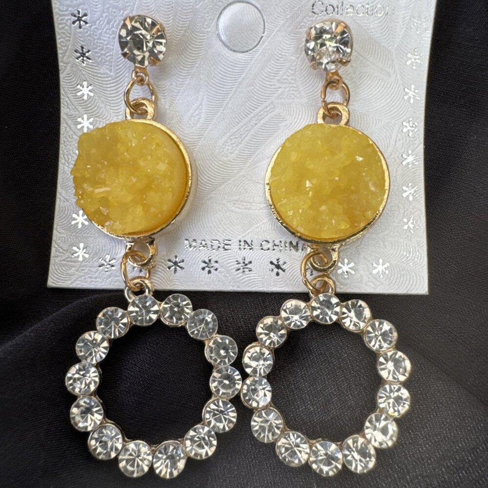 Pastel Faux Yellow Stone Crystal Gold Rhinestone Earrings Dangle Drop Party NEW